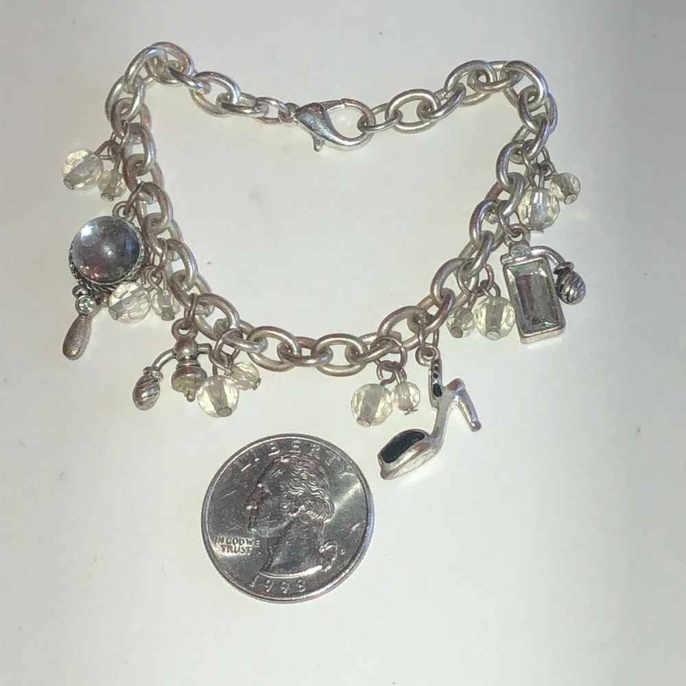 Silver Tone Shoe Mirror Charm Perfume Chain Bracelet with Clear Bead Accents - Picture 5 of 6